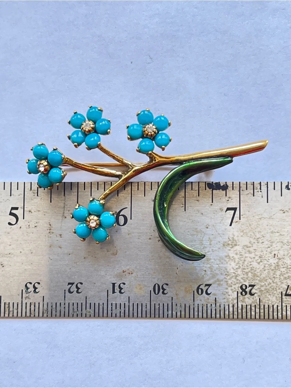 Vintage MMA Forget Me Not Brooch Faux Turquoise Enamel Rhinestone Brooch